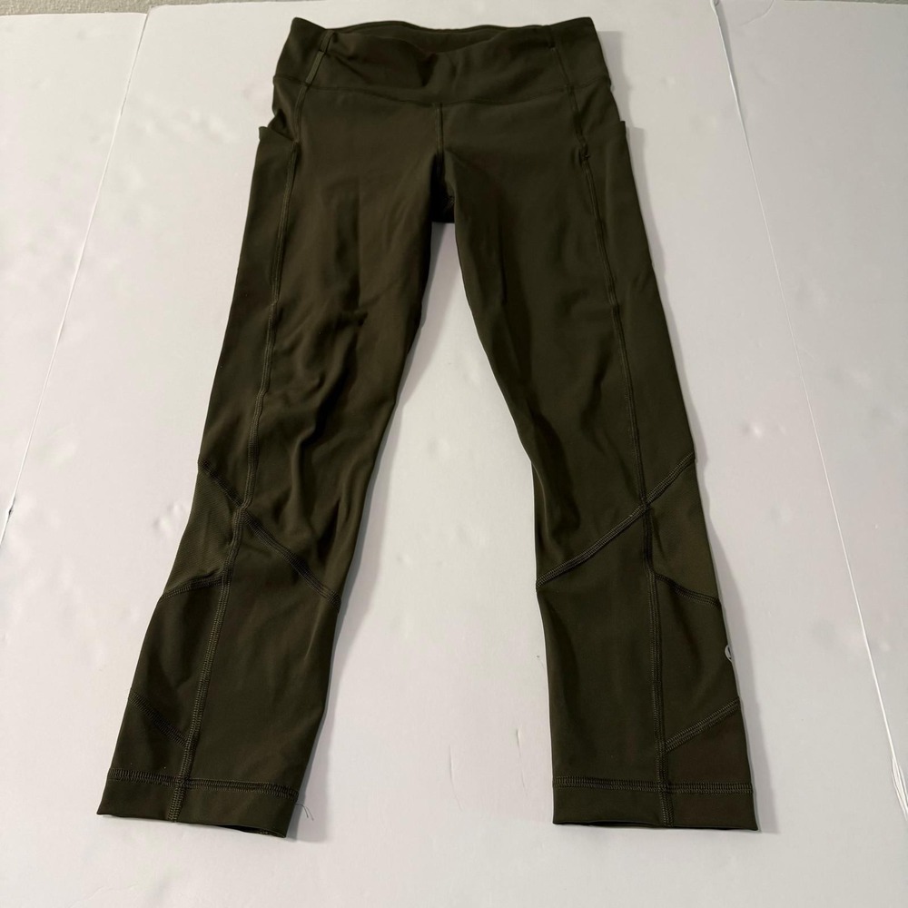 Lululemon Speed Up Crop 21 Dark Olive Green Running Leggings Pockets Womens 4
